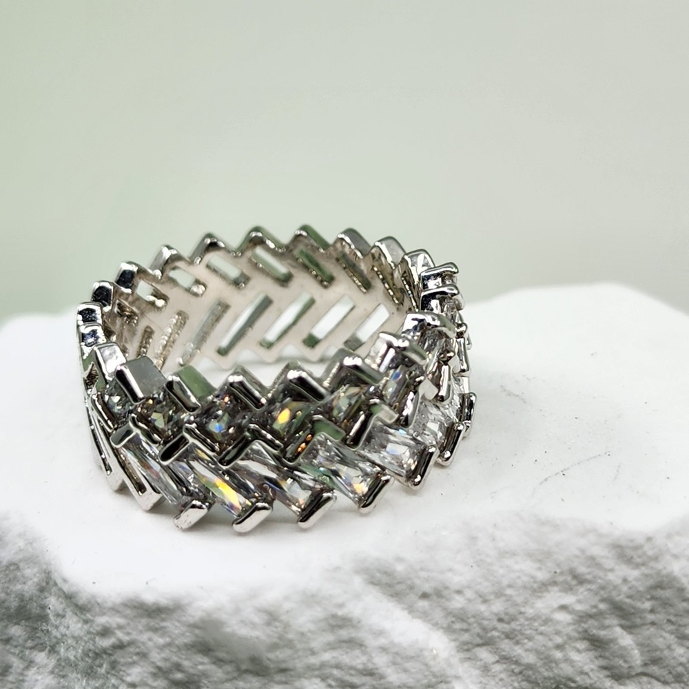 Silver Tone Clear Baguette Rhinestone Wide Eternity Band Ring Statement Sparkle